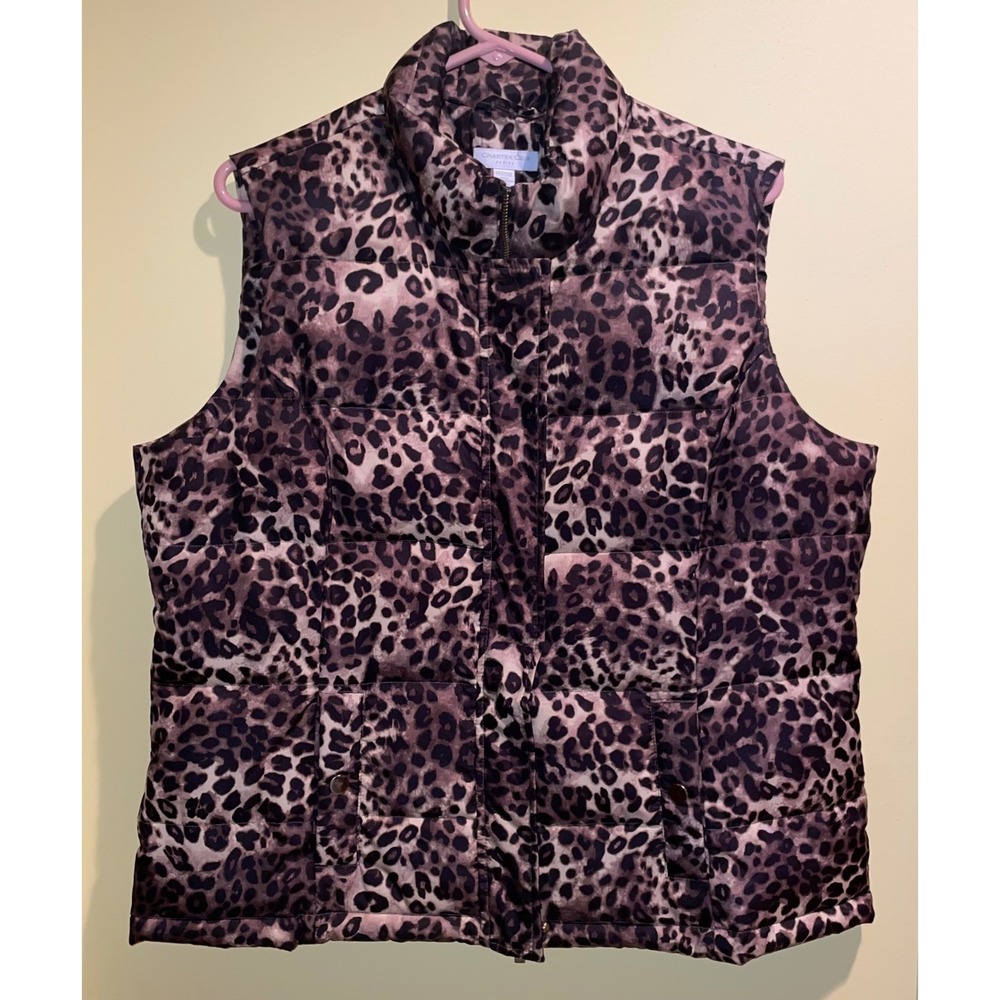 Charter Club Petite Leopard Print Puffer Vest Brown Black Animal Print PL PXL
